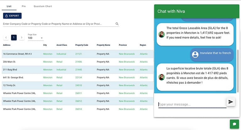 A screenshot of a chat interface displaying a conversation about property codes and gross leasable area (GLA) for properties in Moncton, including details in both English and French. The chat includes information on specific properties and invites further inquiries.
