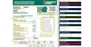 A screenshot of a computer displaying an electricity bill from Toronto Hydro. The bill includes details such as the vendor address, account number, premise number, bill date, service location at 150 Central St., and customer name and address. It shows the total amount due as $53,165.12 and includes a meter number along with electricity usage information.