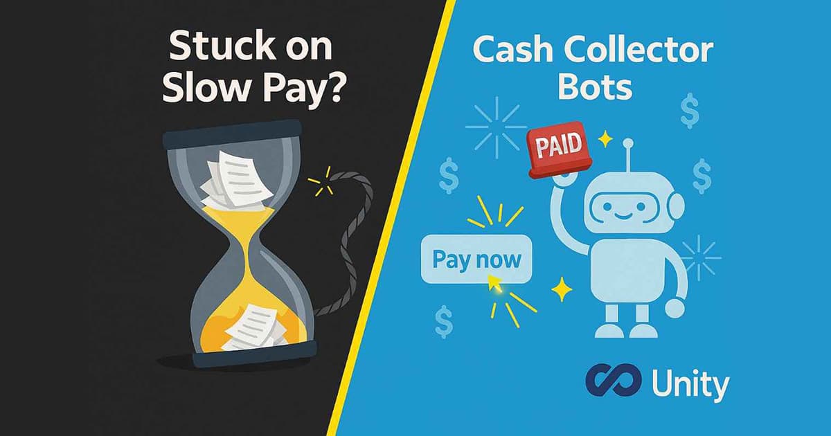 A poster featuring a man and a woman, with the text &quot;Stuck on Cash Collector Slow Pay? Bots $ PAID $ Pay now $ CO Unity&quot; displayed prominently. The design includes various fonts and colorful elements.