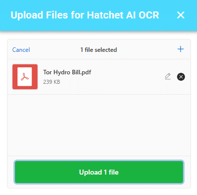 A screenshot of a file upload interface displaying the title "Upload Files for Hatchet AI OCR." One file is selected, shown as "Tor Hydro Bill.pdf" with a size of 239 KB. There are buttons labeled "Cancel" and "Upload."