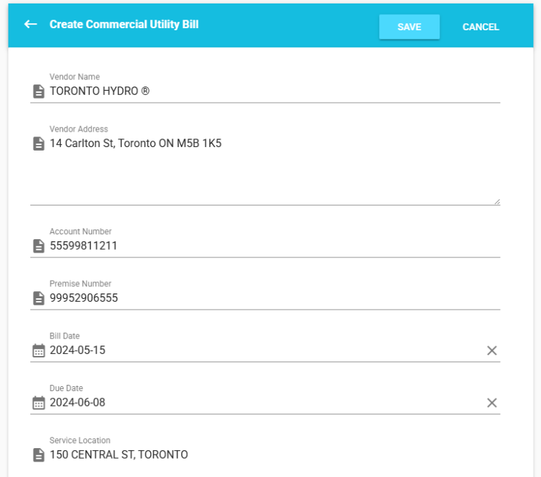 A screenshot of a commercial utility bill from Toronto Hydro, featuring vendor name and address, account number, premise number, bill date, due date, and service location information displayed in text format.