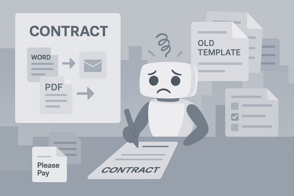 A cartoon robot holding a pen and writing on a piece of paper that has the text "CONTRACT 100 OLD WORD TEMPLATE PDF Please Pay CONTRACT" printed on it.