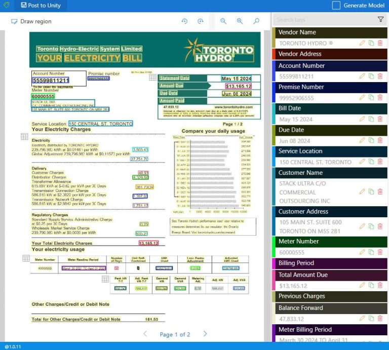 A screenshot of a computer displaying an electricity bill from Toronto Hydro, including details such as vendor name, account number, customer address, billing period, total amount due, and usage information. The page shows various charges and credits along with a due date for payment.