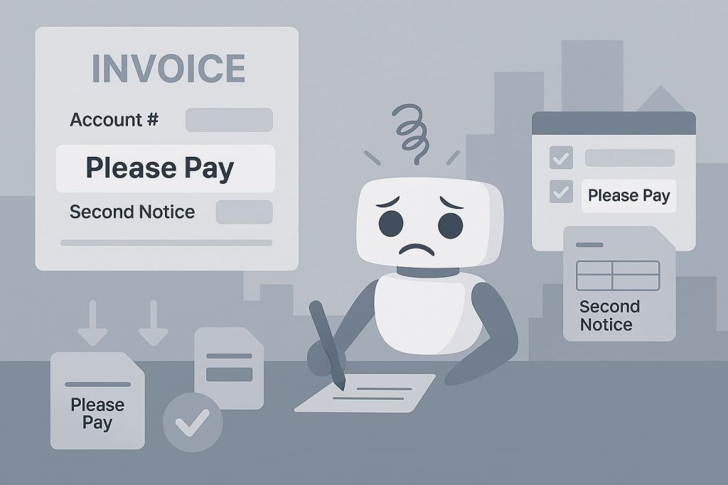 A cartoon robot is writing on a piece of paper that displays the text "INVOICE Account # Please Pay Second Notice" repeatedly.