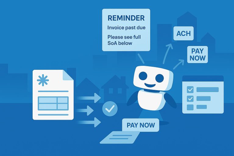 A cartoon robot looks at a document labeled "REMINDER Invoice past due." The document features the text "Please see full ACH SoA below" and two bold buttons that say "PAY NOW."