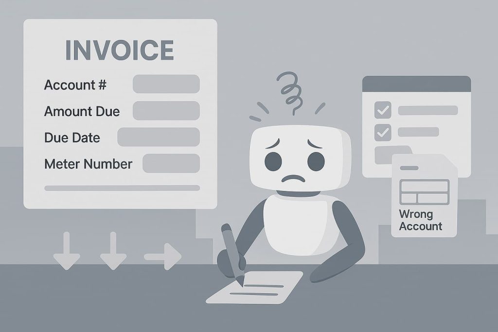 A cartoon robot is sitting at a desk, intently writing on a piece of paper labeled "INVOICE." The paper includes text such as "Account #," "Amount Due," "Due Date," and "Meter Number." The robot has a friendly expression and is surrounded by colorful stationery.