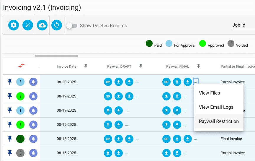 A screenshot of a computer screen displaying the Invoicing v2.1 software interface with various invoice statuses such as "Paid," "For Approval," "Approved," and "Voided." The image includes details like Job Id, Invoice Date, and options to view files and email logs from specific dates.
