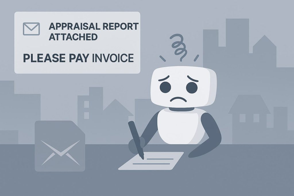 A cartoon robot is sitting at a desk, writing on a piece of paper that reads "APPRAISAL REPORT ATTACHED PLEASE PAY INVOICE." The scene is colorful and whimsical, capturing the playful essence of the robot.