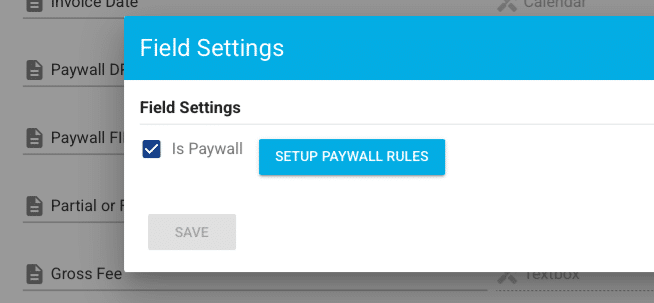A screenshot of a computer displaying invoice date field settings, paywall configuration options for DE and FI, and various setup rules including partial save and gross fee.