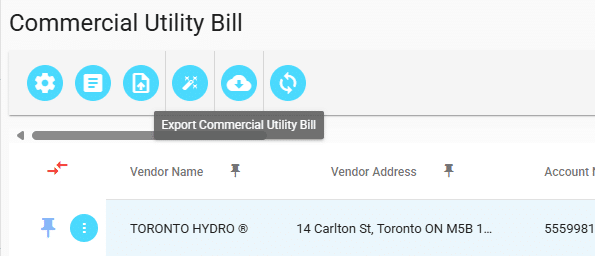A screenshot of a website displaying a commercial utility bill including vendor name, address, and account information for Toronto Hydro located at 14 Carlton St, Toronto ON M5B 1... with reference number 555998.