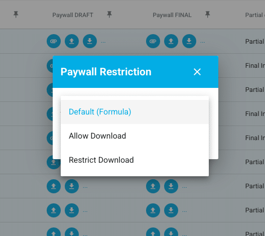 A screenshot of a computer displaying various text labels and terms related to paywall settings, including options like "DRAFT," "FINAL," "Partial," and "Restrict Download." The screen features a list with different configurations for managing access. The font is clearly visible, typical of software interfaces.