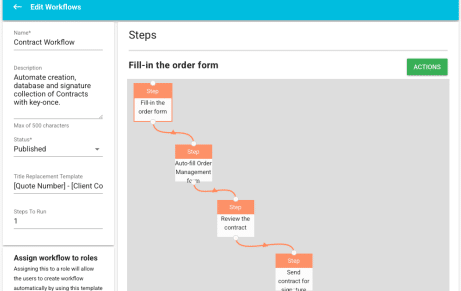 A screenshot of a computer screen displaying a web page titled "Edit Workflows" with various sections related to contract workflow steps. The page includes instructions for filling out an order form and automating contract creation, database management, and signature collection. Elements visible include actions to review contracts, assign workflows to roles, and send users templates for automatic workflow contracts. The design incorporates text, numbers, and relevant icons related to software functionalities.