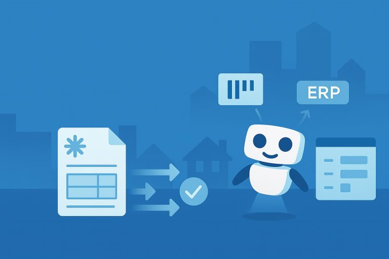 A cartoon depicting a robot interacting with a document labeled "ERP," showcasing elements of technology and documentation.