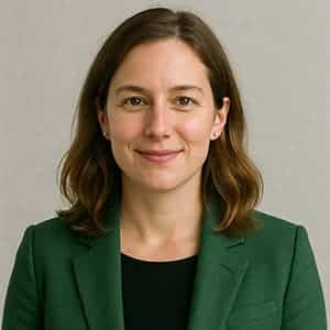 A woman smiling while wearing a green suit, with her head and shoulders visible against an indoor wall backdrop.