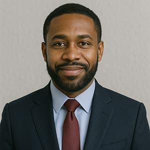 A man in a suit and tie stands against a wall, smiling at the camera. He has a combed hairstyle and is wearing formal attire including a blazer, dress shirt, and necktie. The image is an indoor headshot that captures his face from the shoulders up.
