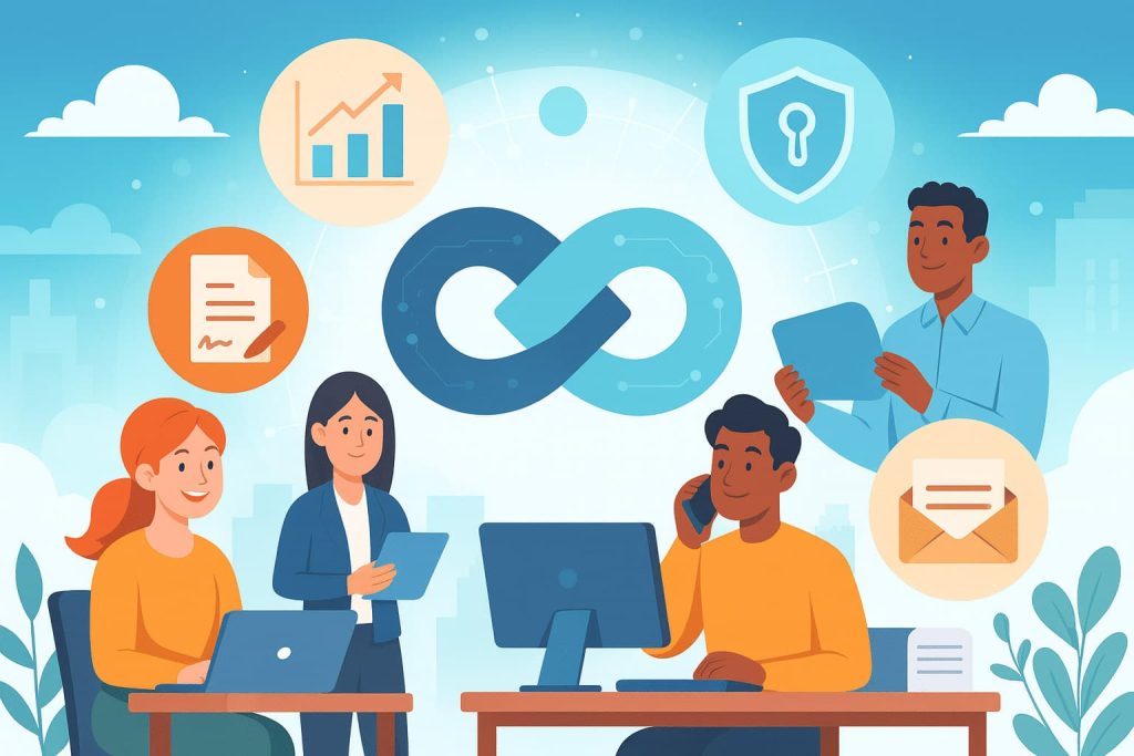 A diverse group of people sitting at desks, each working on computers. Various icons are displayed above their heads, suggesting collaboration and communication. The scene is illustrated with a colorful cartoon style.