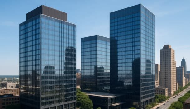 A skyline featuring a group of tall buildings with numerous windows, including skyscrapers and commercial structures, set against a clear sky in an urban metropolitan area.